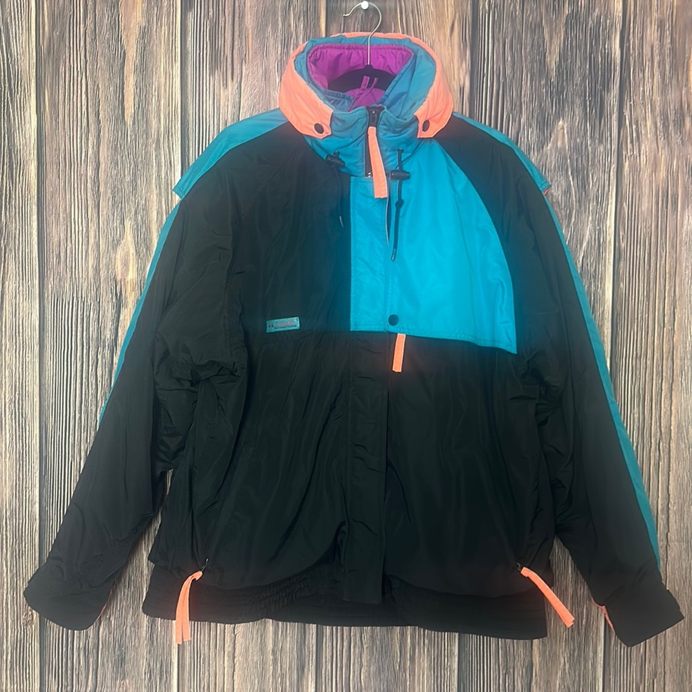 Columbia Black Teal Turquoise Ski Jacket with Pink and Orange Accents